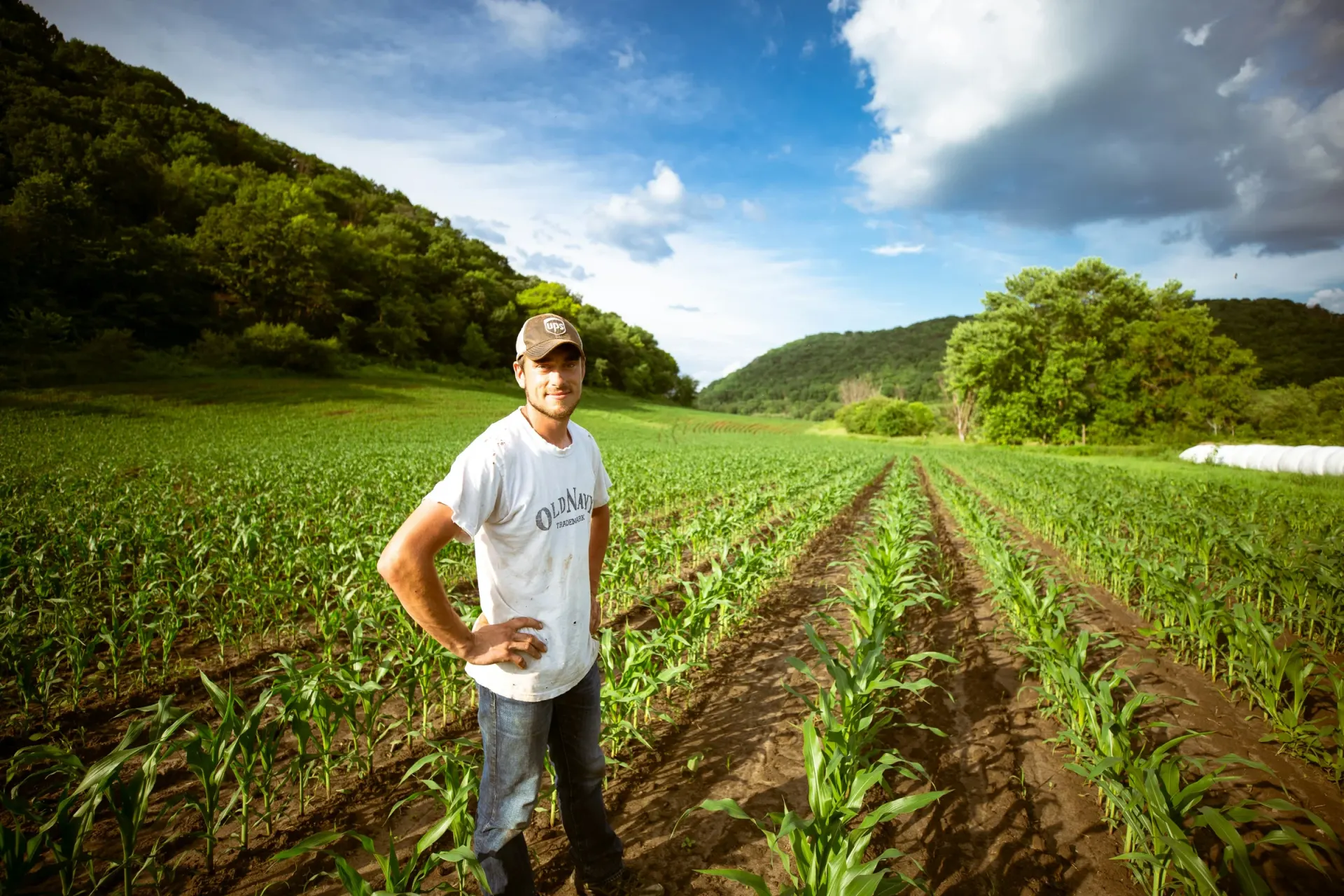 Un agriculteur au milieu de ses cultures